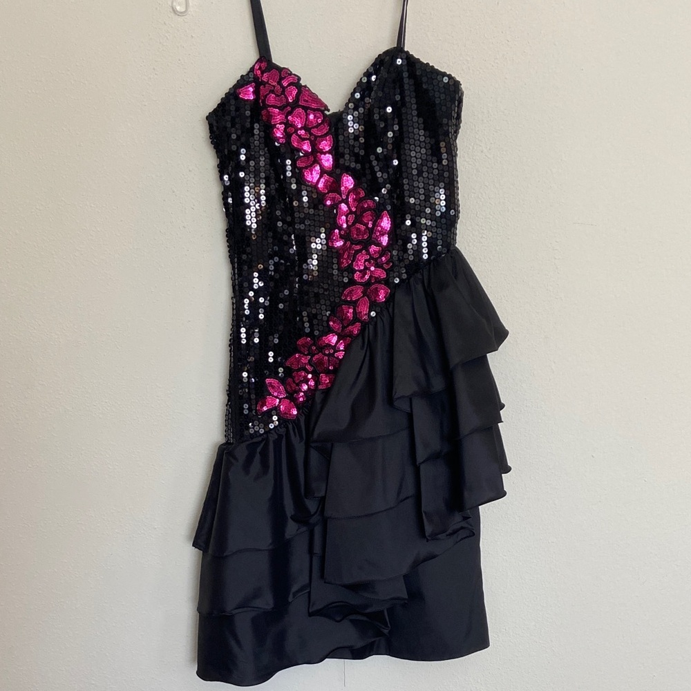 Black Sequin Party Dress with Hot Pink Sequin Accents